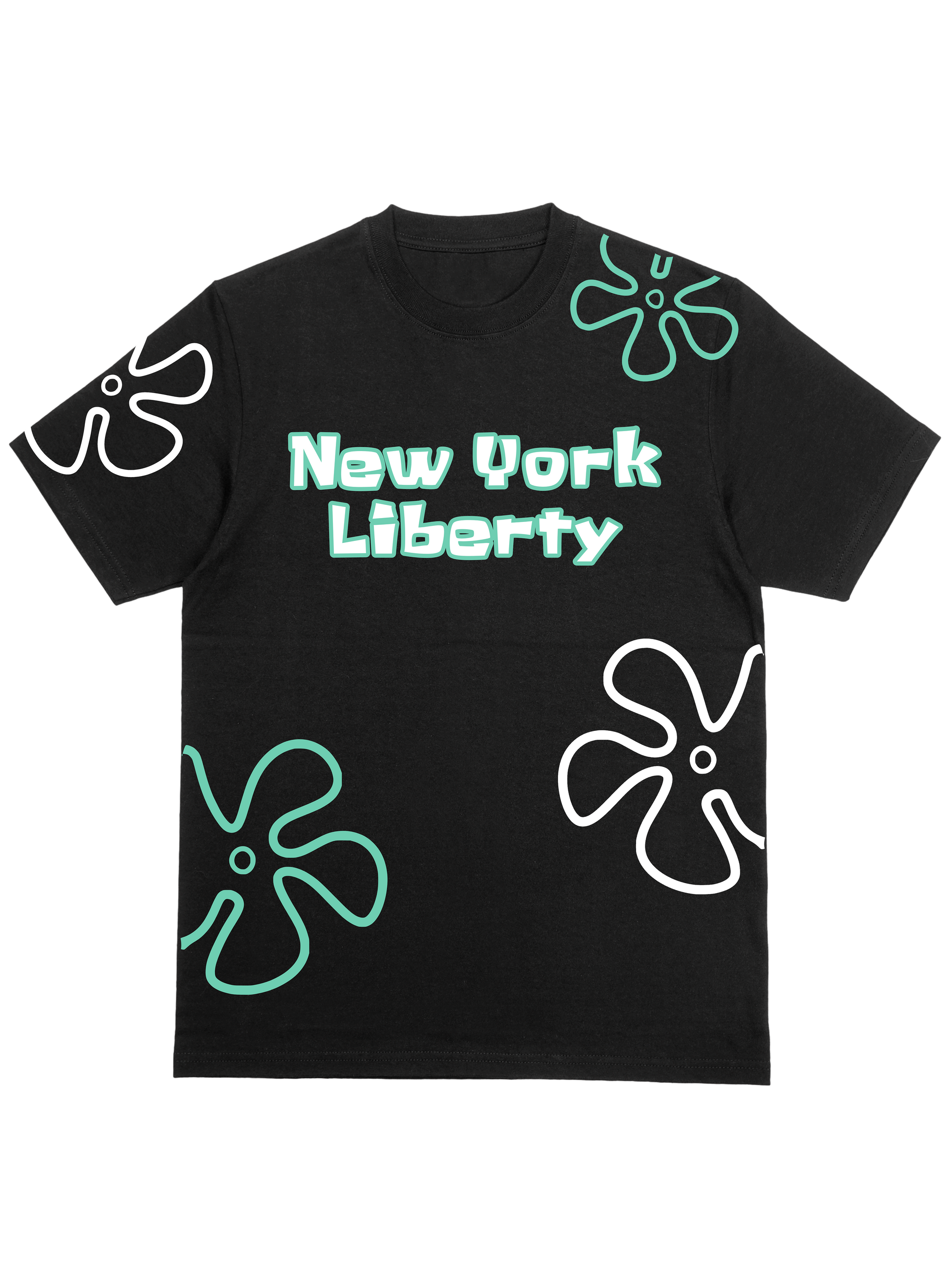 Black t-shirt with 'New York Liberty' text and abstract designs 