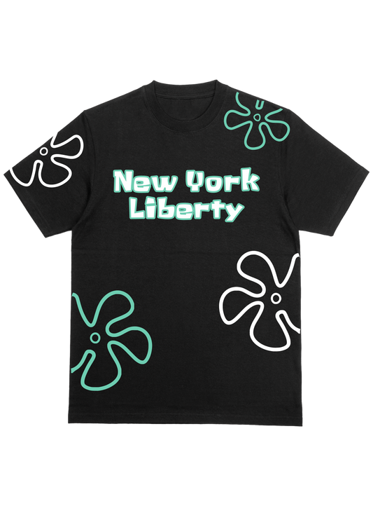 Black t-shirt with 'New York Liberty' text and abstract designs 
