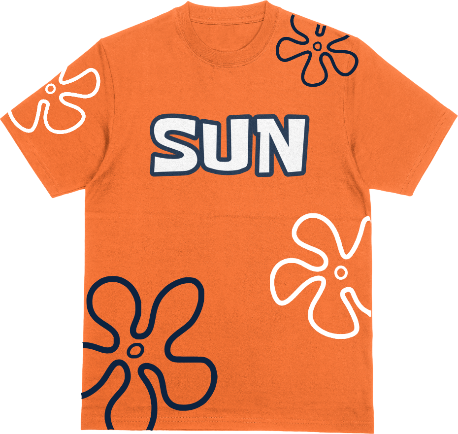 Orange t-shirt with 'SUN' text and abstract flower designs