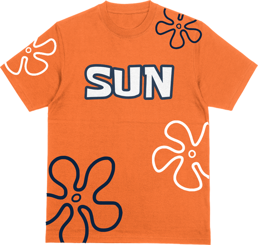 Orange t-shirt with 'SUN' text and abstract flower designs